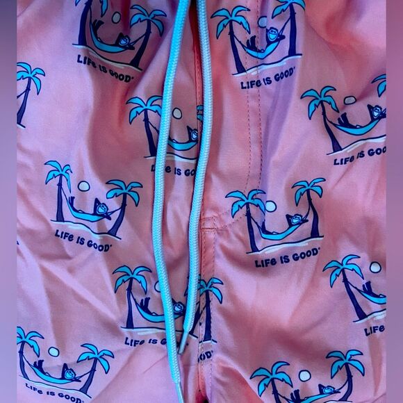 Life Is Good Mens Swim Trunks Board Shorts Drawstring Palm Tree Print Coral XL - Picture 3 of 8